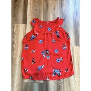 Loft Women's Large Red Floral Tank Top Shirt Blouse Ruffle